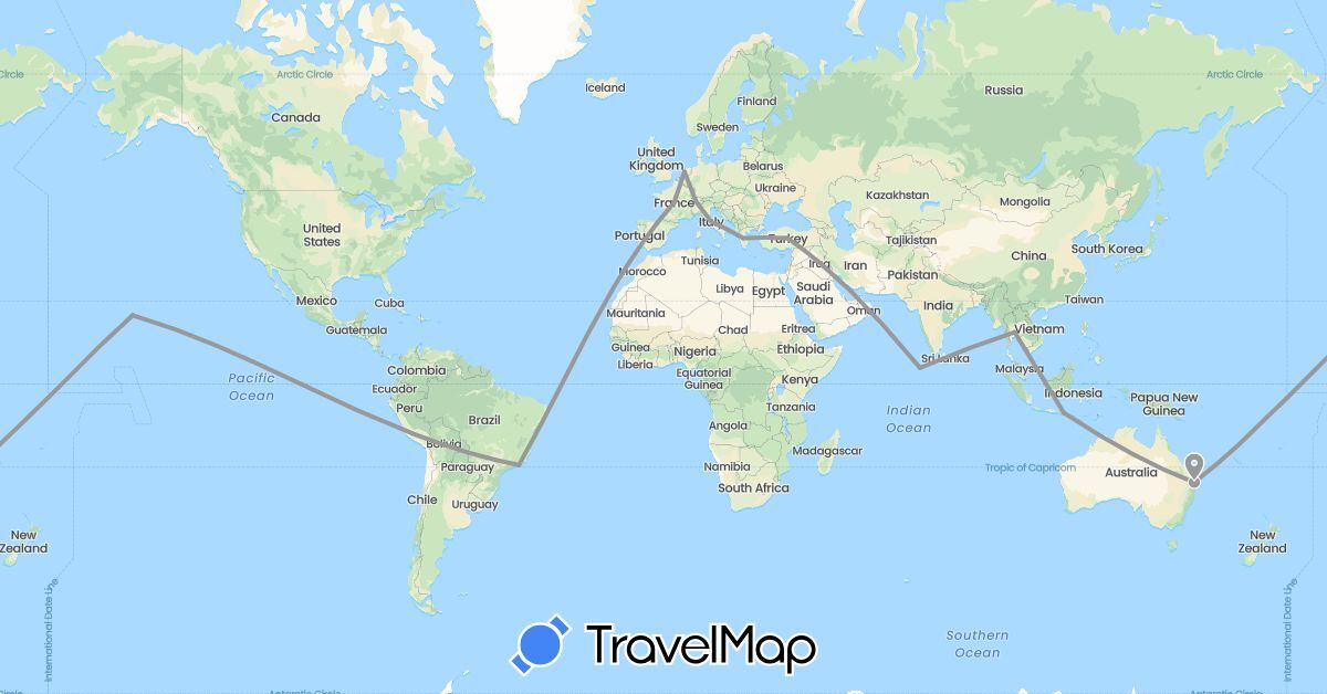 TravelMap itinerary: driving, plane in Australia, Brazil, Switzerland, France, Greece, Indonesia, Italy, Maldives, Netherlands, Thailand, Turkey, United States (Asia, Europe, North America, Oceania, South America)
